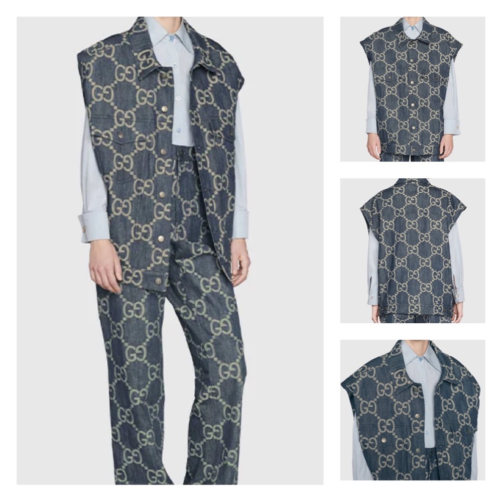 Authentic !Gucci Dark Blue Denim Jacket Vest with Logo Design Sz 44 NWT!